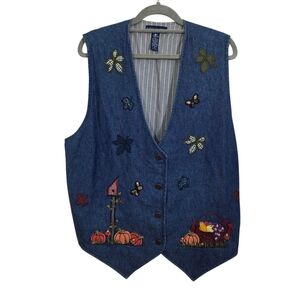 VTG Novelty Fall Autumn Pumpkin Leaf Denim Vest Button Front Size 1X Karen Scott